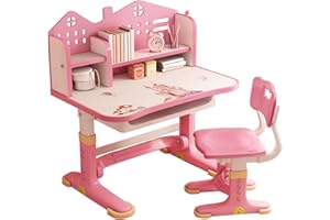 NEREIDS NET Kids Desk Chair Set,Small Desk,Standing Desk, Desk Chair Set Widened Children Desktop Height Adjustable School Study Desk with Castle Backboard,Bookstand and Storage Drawer Pink