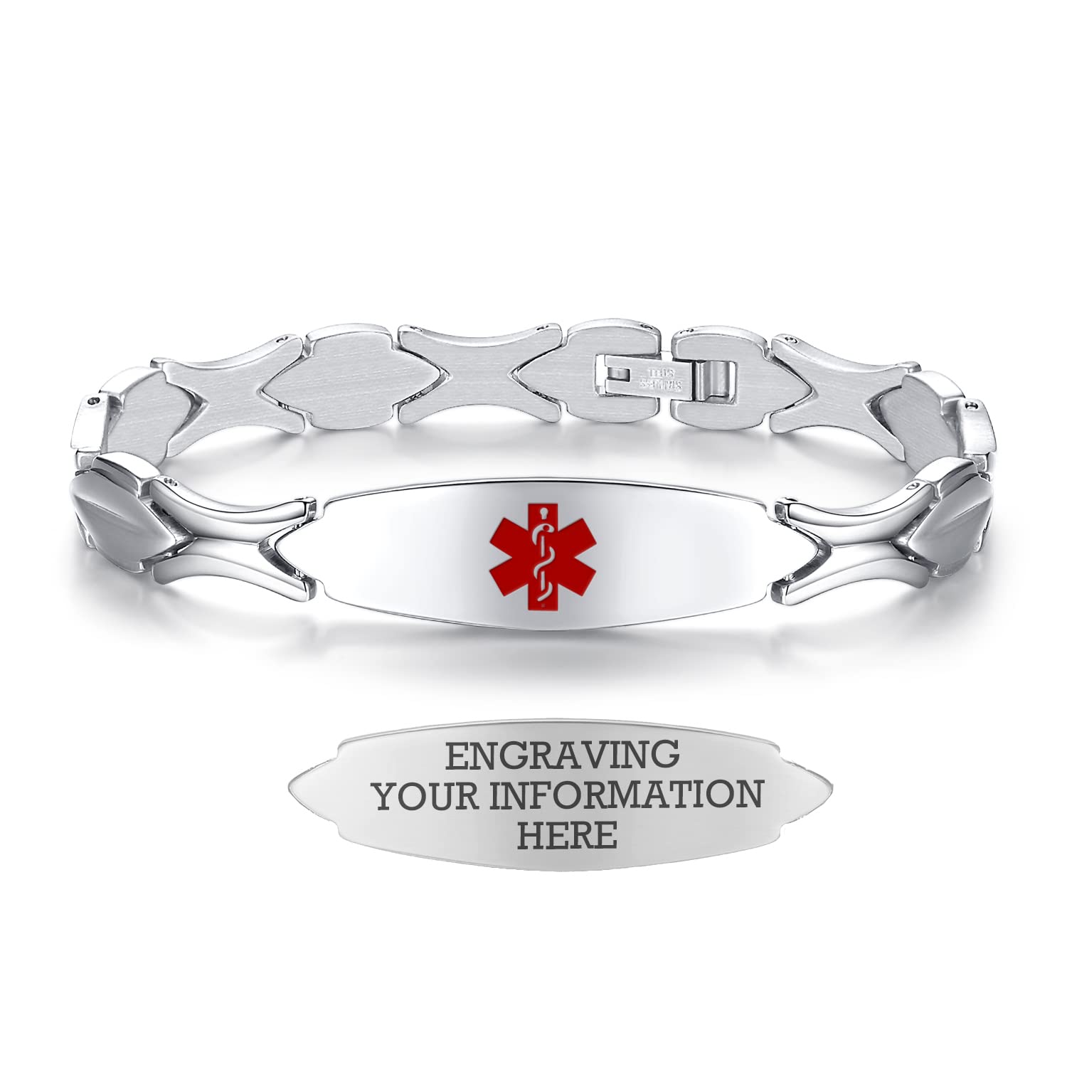 LinnaLove 7 1/2 inch Personalized Medical Alert Bracelets for Women Free Engraving Stainless Steel Emergency Medical Bracelets -Silver-T 1 D