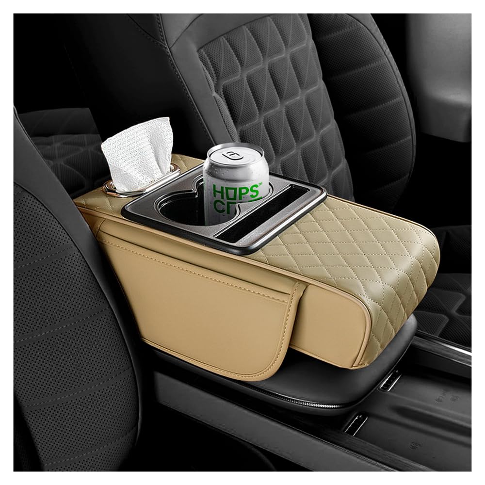 Photo 1 of 5-in-1 Car Center Console Cover,Multifunctional Arm Rest Cover for Car with Cup Holder,Phone Holder,Pocket,Car Tissue Holder,Leather Height Enhancement Car Armrest Cushion (Beige)