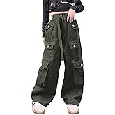 AOWKULAE Girls Loose Casual Pants Cargo Pants Waist Wide Leg Pants Kids 6-14 Years