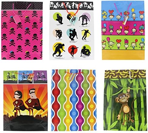 Gift Bags Happy Birthday Party Celebration For Kids, Boys and Girls - 6 Assorted Designs