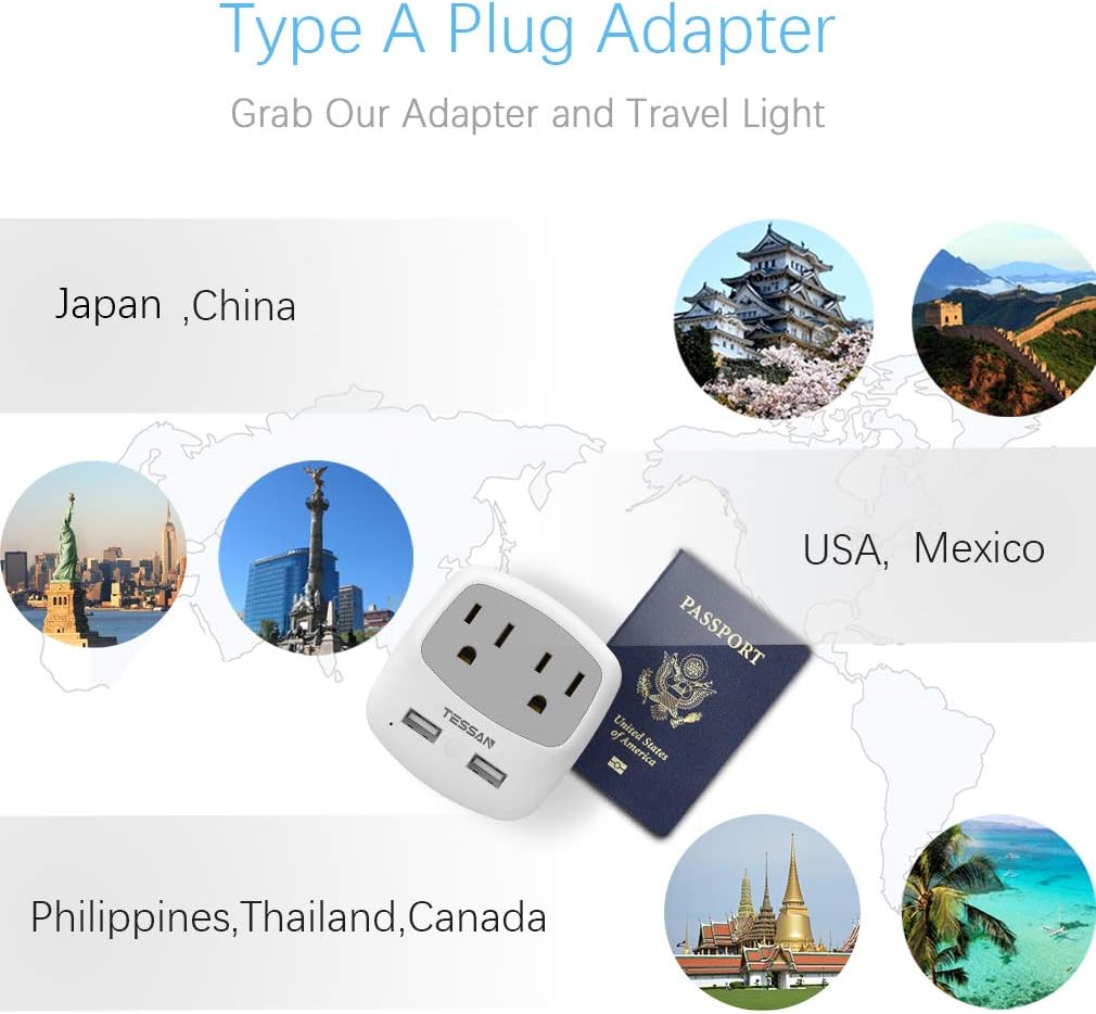 TESSAN 3 to 2 Prong USB Outlet Plug, Japan Power Adapter with 2 Wall Charger Extender Cruise Ship Accessories, Travel Multi Plug Adaptor for US to Japanese - Type A Plug Splitter: Home & Kitchen