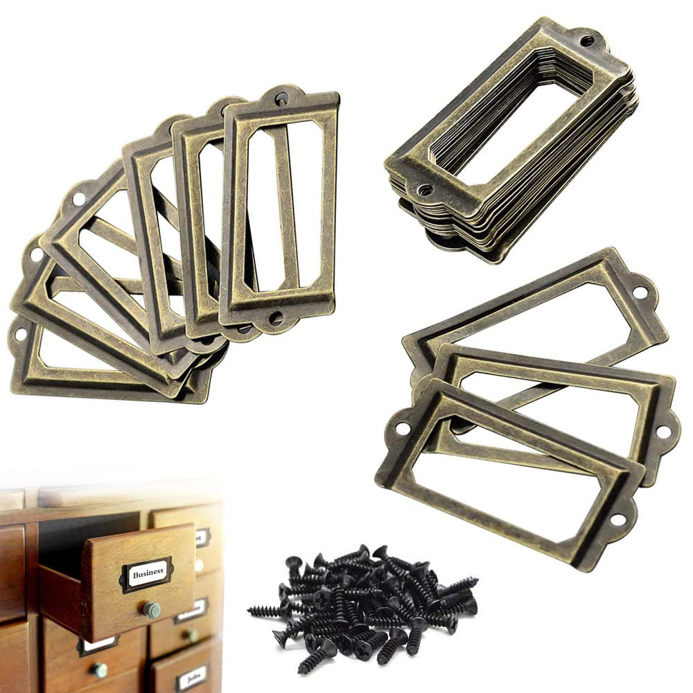 30 Pieces Metal Label Holders, Retro Metal Label Holders, Antique Fashion Metal Label Holders with Screws for Apothecary Cabinet, Drawer Cabinet, Filing Cabinet (Bronze)