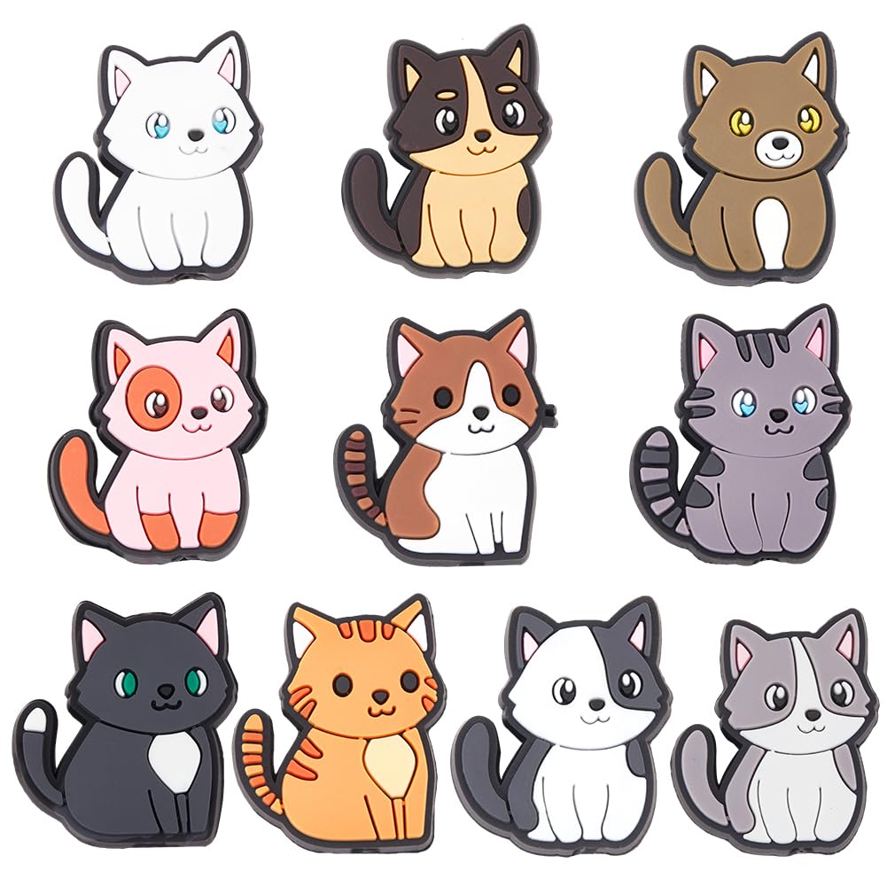 SUNNYCLUE 1 Box 20Pcs 10 Colors Cat Pen Beads Animal Focal Bead Plastic Colorful Cartoon Cats Shaped Pet Animals Spacer Loose Bead for Beadable Pens Keychains Lanyard Jewellery Bracelets DIY Crafting