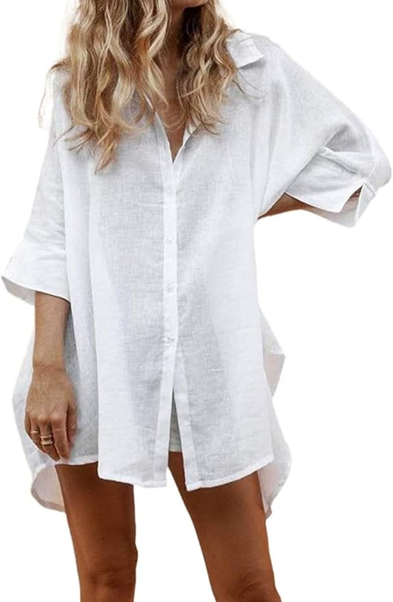 Bienwwow Women's Long Shirts Solid Color Plus Size Lapel Neck Half