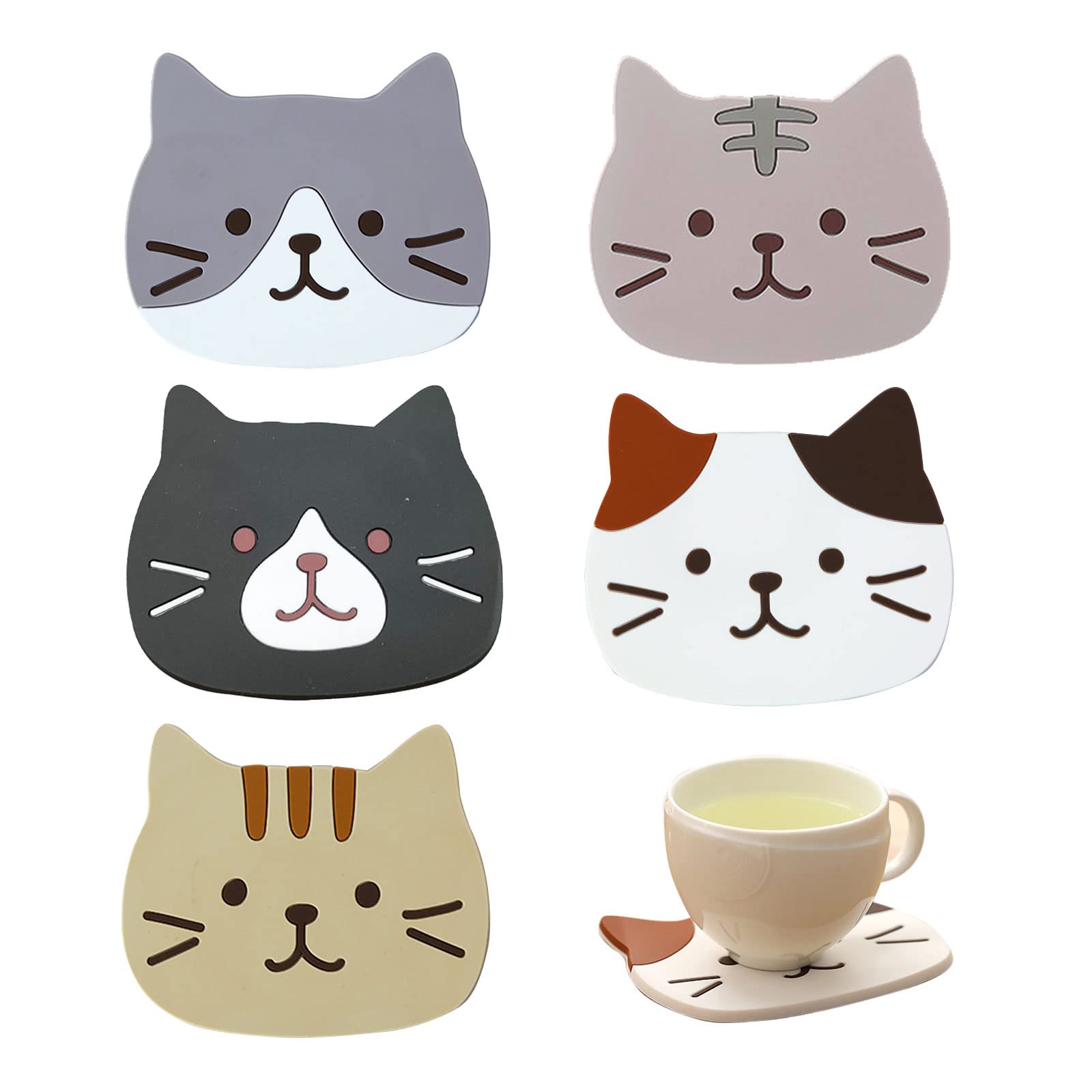 TSHAOUN 5 PCS Cute Cat Cup Coasters, Reusable Silicone Drink Coasters Non Slip, Washable Heat Resistant Glass Cup Rubber Pad Mat Novelty for Wine Tea Glass, New Home Kitchen Decor Gift (5 Colors)