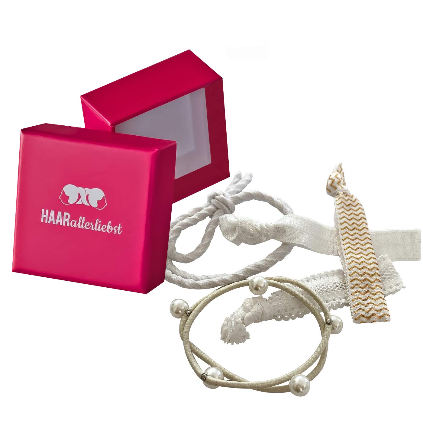 HAARallerliebst Hair Scrunchies Bracelets (Pack of 5) with Box for Storage (Pink - White)
