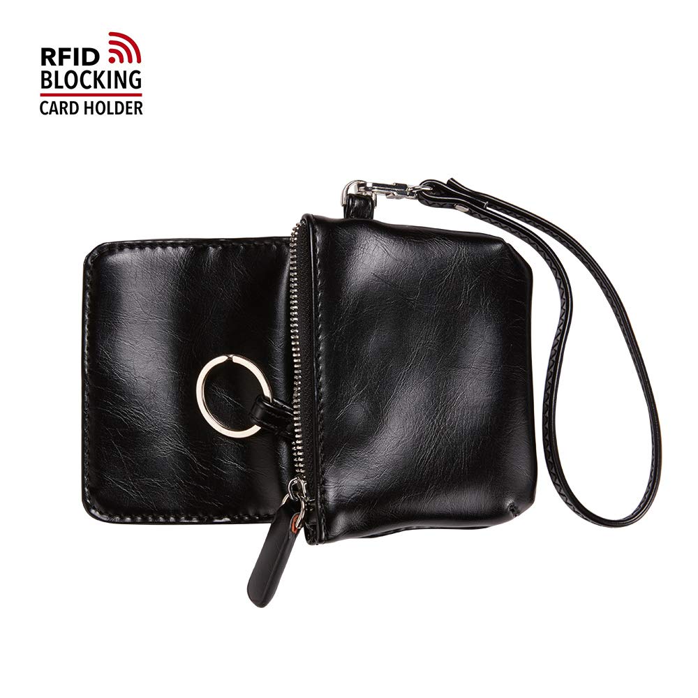 JCTHBAG Womens Small Leather Coin Purse RFID Credit Card Case With Wrist Strap (Black)