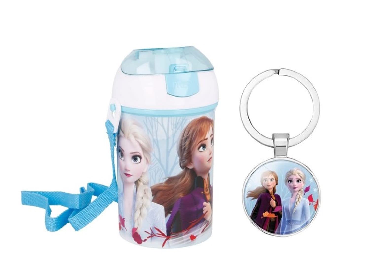 OM SUPPLIES Frozen II Blue Forest Pop Up Water Bottle Drink Bottle Flask with Neck Cord for Easy Carry School Lunch Kids Childrens 450ml Includes Frozen Keychain