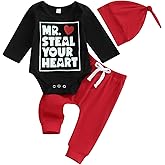 Mr. Steal Your Heart Baby Boy Outfit Newborn Valentines Long Sleeve Romper Pants Hat 3 Piece Clothes Set