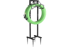 Garbuildman Garden Hose Holder With 4 Spikes, Freestanding Metal Hose Stand for Outdoor Garden, Detachable Hose Storage Rack for Lawn & Yard, Shiny Black