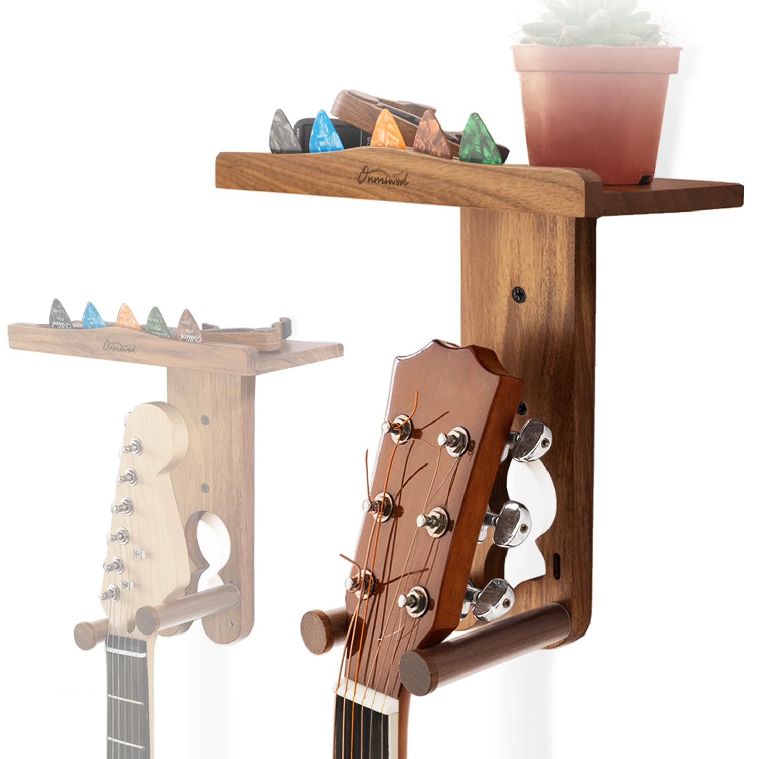 Photo 1 of Guitar Wall Mount, Wood Guitar Hanger Wall Mount with 2 Hook Modes, Guitar Wall Hangers Shelf with Pick Holder, Guitar Holder for Acoustic, Electric Guitar, Ukulele, Bass [Patent Pending]