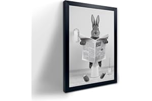 YongArt Black Framed Poster, Cute Rabbit Bathroom Wall Art, Farmhouse Style Animals Bathroom Wall Decor, Black and White Canvas Wall Art Ready to Hang for Kids Bathroom