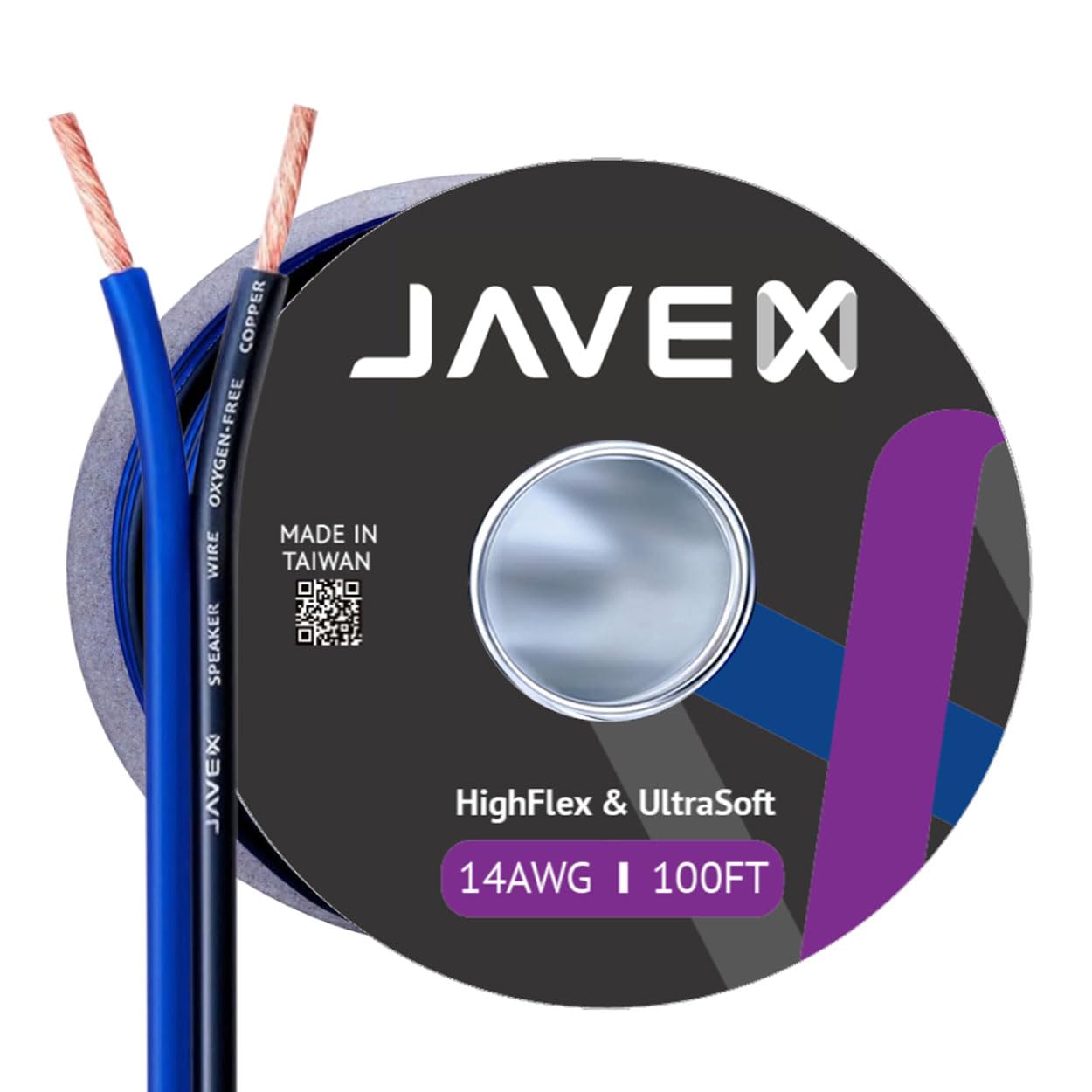 JAVEX Speaker Wire 14-Gauge [2.11mm2] [0.16mm Strands Oxygen-Free Copper 99.9%] Stranded Copper, Blue/Black, Cable for Hi-Fi Systems, Amplifiers, AV receivers and Car Audio Systems, 30.5M