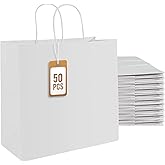 PAICUIKE 50 Pcs White Kraft Paper Bags with Handles, 11x6x11 Inch Shopping Gift Bags for Valentine’s Day, Retail, Parties, Weddings, Birthdays, Gift Packaging