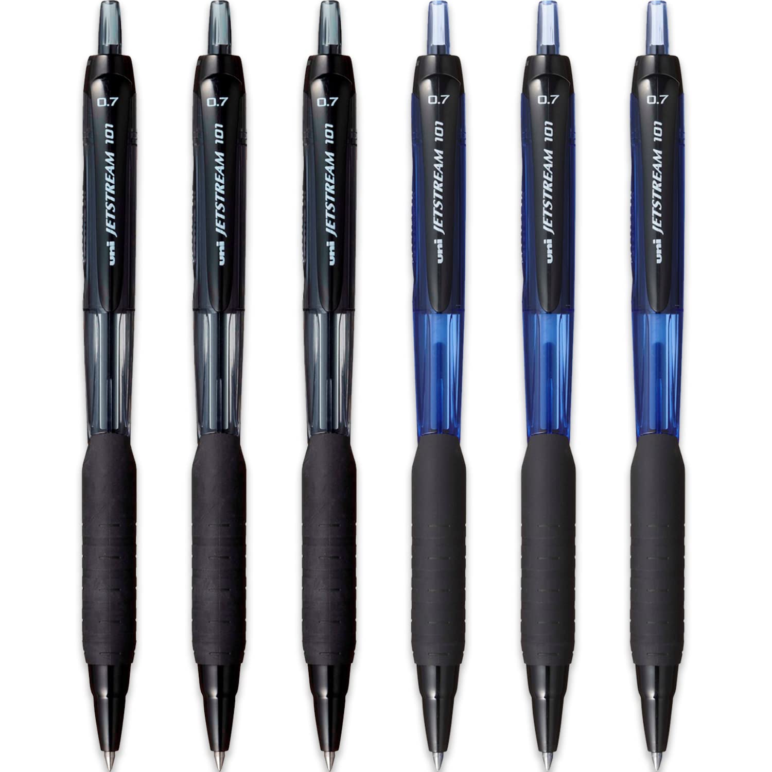 uni-ball Jetstream SXN-101-7N Retractable Rollerball Pens - 0.7mm Nib Tip - Black & Blue Ink - Pack of 6