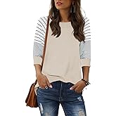 ReachMe Women's Casual 3/4 Sleeve T Shirts Crewneck Striped Raglan Sleeve Tee Shirts Loose Fit Blouses