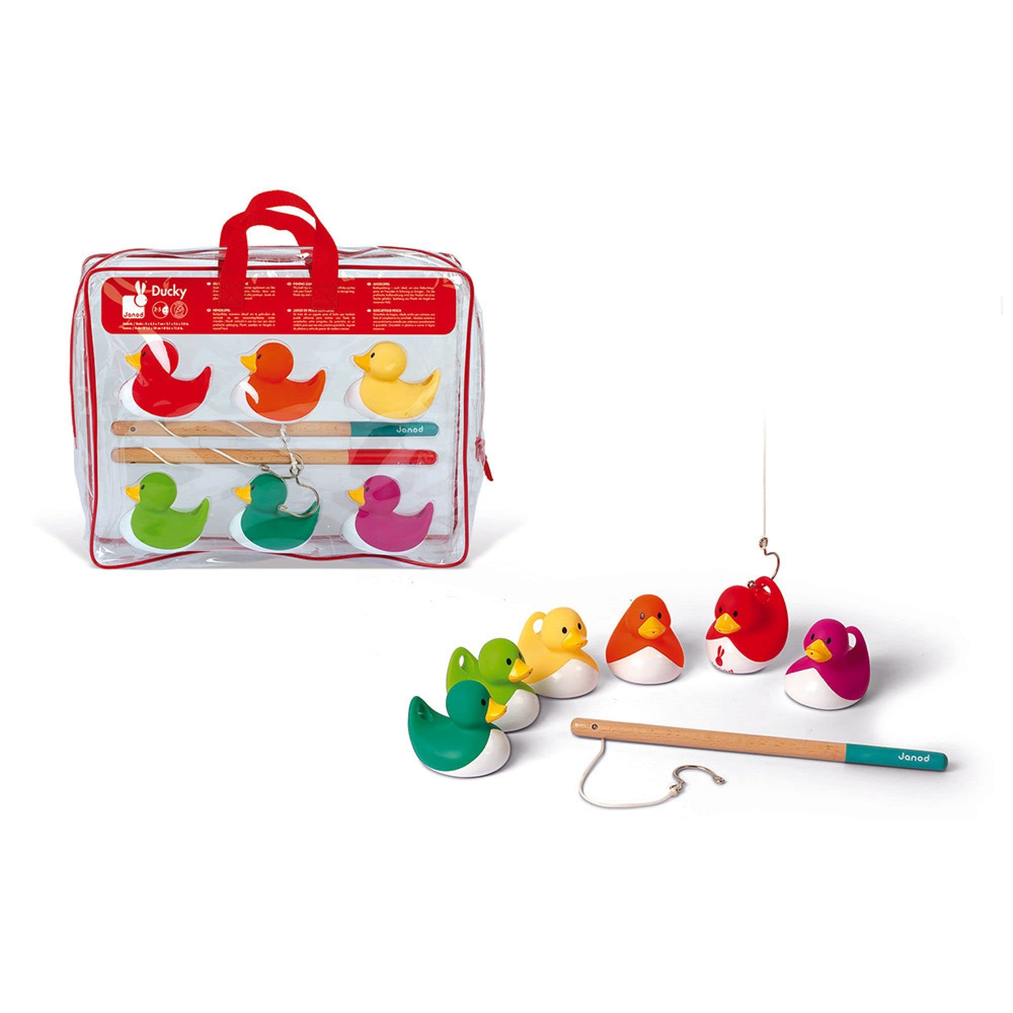 Janod - Ducky Fishing Game - Multi-Colour Ducky Ducks - 6 Ducks + 2 Fishing Poles to Take Everywhere - Bath Toy and Outdoor Game - From 2 Years Old, J03246
