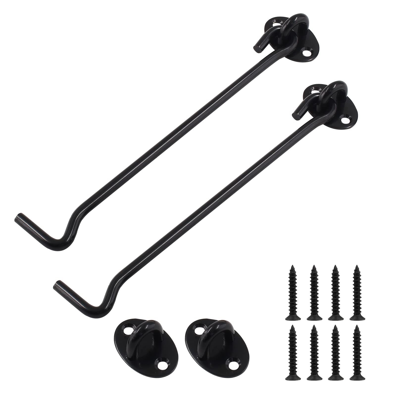 Cjueiom 2pcs Heavy Duty Shed Hook and Eye Latch Set, 200mm / 8 Inch Black Stainless Steel Cabin Hook and Eye Latch for Sliding Door Garage Barn Door Window Garden Shed