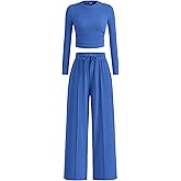 BTFBM Casual 2 Piece Sets For Women Fall Outfits 2026 Ribbed Spring Long Sleeve Crop Top Wide Leg Pants Matching Lounge Set