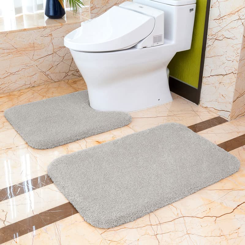 VANZAVANZU Non Slip Bath Mat - Thickened Absorbent Ultra Soft Bath & Pedestal Toilet Mat - Fluffy Microfiber Toilet Rug - 50 x 80cm & 50 x 60cm U Shape (Light Gray) — image 1