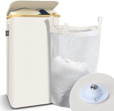® Cesto Portabiancheria 100L con Ruote, Cesta Biancheria Sporca con Coperchio e Manici in Bambù, Porta Biancheria Pieghevole Cesta Panni Sporchi per Bagno o Lavanderia Vestiti, Beige