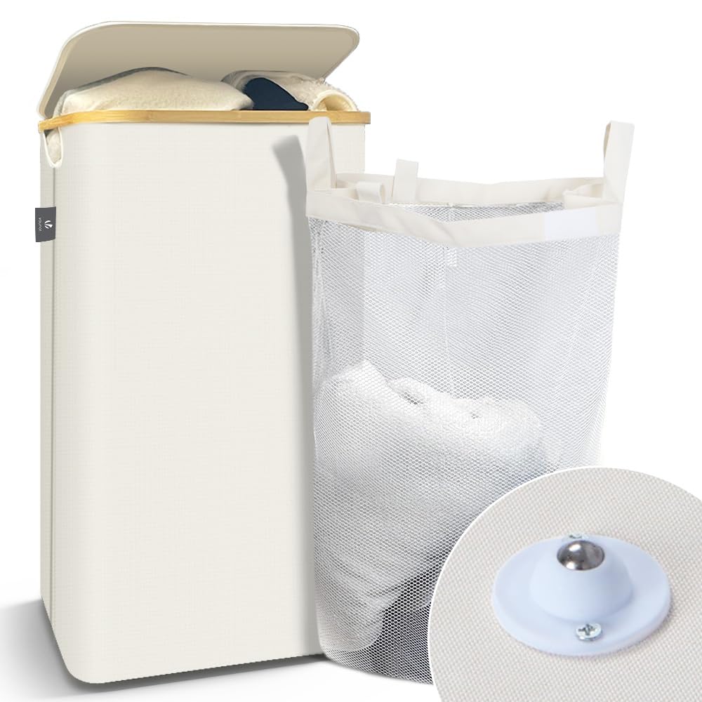 VOUNOT Foldable Laundry Basket 100L with Lid Handles, Collapsible Linen Basket with Inner Laundry Bags Freestanding Laundry Hamper Bin for Bedroom, Bathroom, Beige