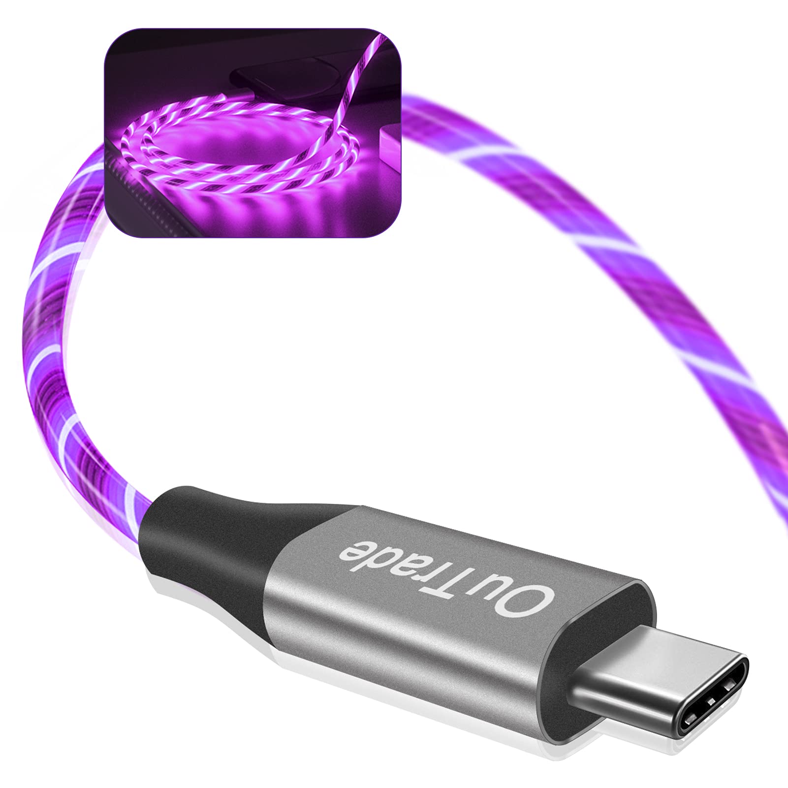 Photo 1 of OuTrade USB Type C Cable, 3A LED Light Up Fast Charge Cord Compatible with Samsung Galaxy S20/S10/S9/S8, LG V40, USB-C to USB-A Fast Charging C Cables (Purple, 3 ft)
