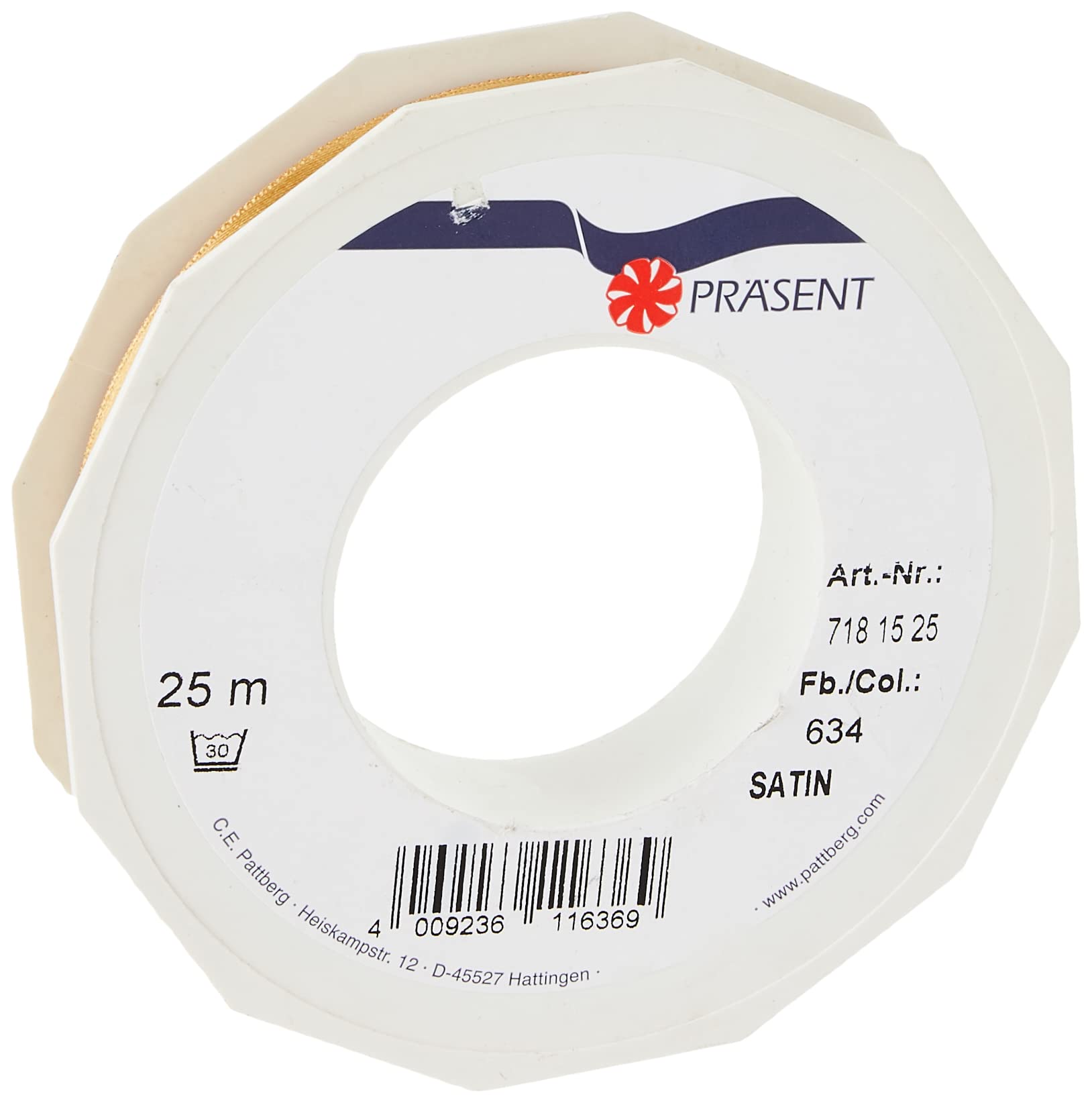 C.E. Pattberg SATIN gold gift ribbon, 27 yards for Wrapping Gifts, 0.59 inches width, Ribbon for Decorating & Crafting, Decorative Ribbon for Gifts, for every occasion