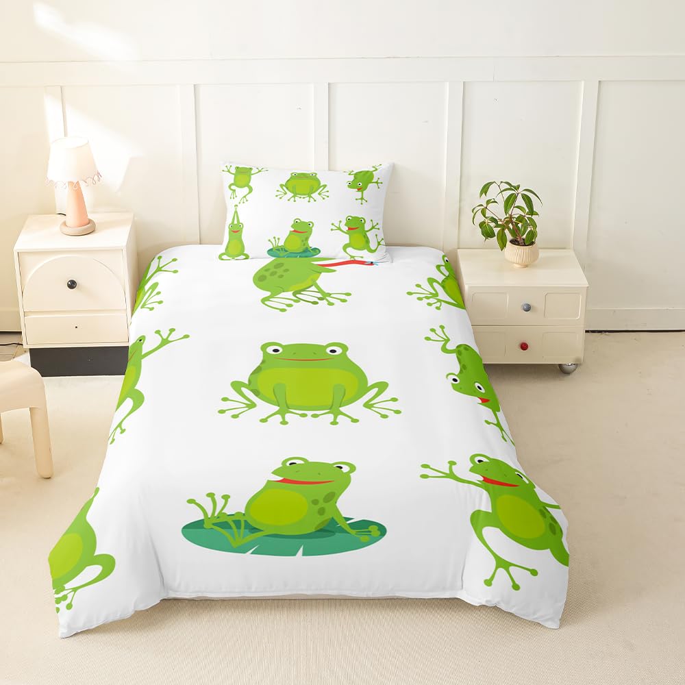 Loussiesd Frog Print Bedding Set Cute Cartoon Animal Pattern Duvet Cover for Children Boys Girls Microfiber Green Leaf Frog Bedspread Cover Nature Theme Room Decor Bedclothes Single — image 1