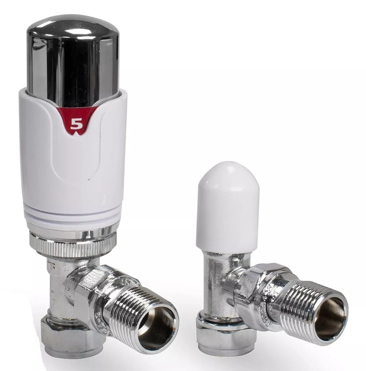 TC Angled Thermostatic Radiator Valve TRV & Lockshield 15mm x 1/2" Drayton TRV4 Style Chrome White Angle Pack EM