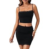 Rooscier Women's 2 Piece Outfits Cami Crop Top Bodycon Skirt Club Mini Dress