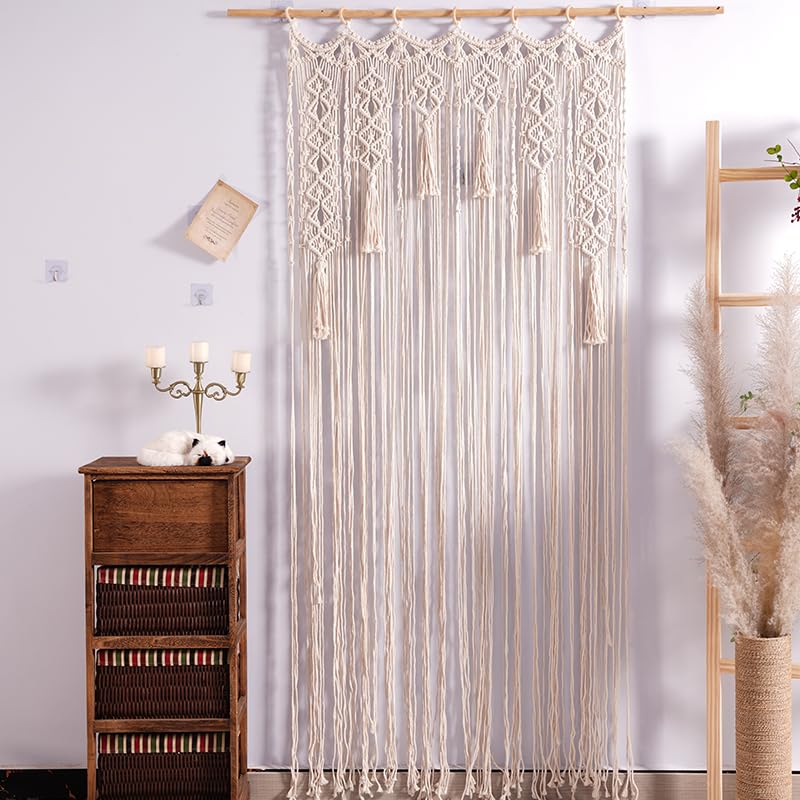 Boho Macrame Door Curtains(33*78inch), Handmade Woven Cotton Rope Curtains, Cotton Woven Wall Decoration, Tassel Hanging Tapestry for Living Room, Bedroom or Wedding Party (85*200cm/33*78inch)