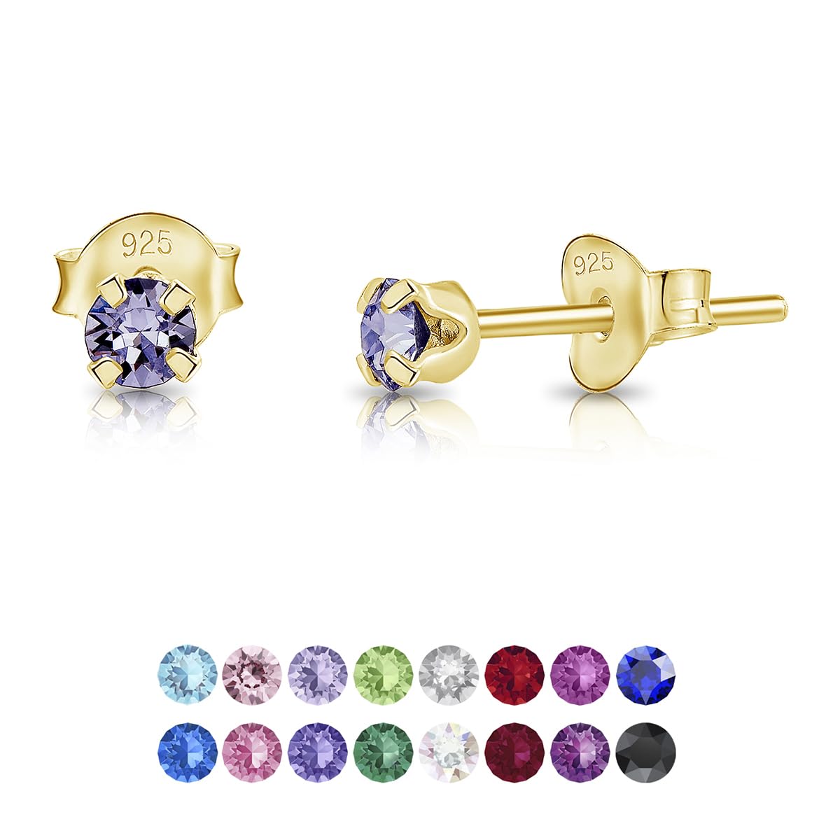 Small Solitaire Stud Earrings 925 Sterling Silver Gold Plated 24K - Tiny Gold Studs 3 mm - Minimalist Sparkle Stud Earrings with Lilac Crystal