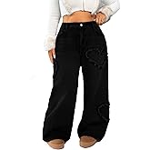 Vaimti High Waisted Wide Leg Jeans, Heart Pattern Distressed Denim