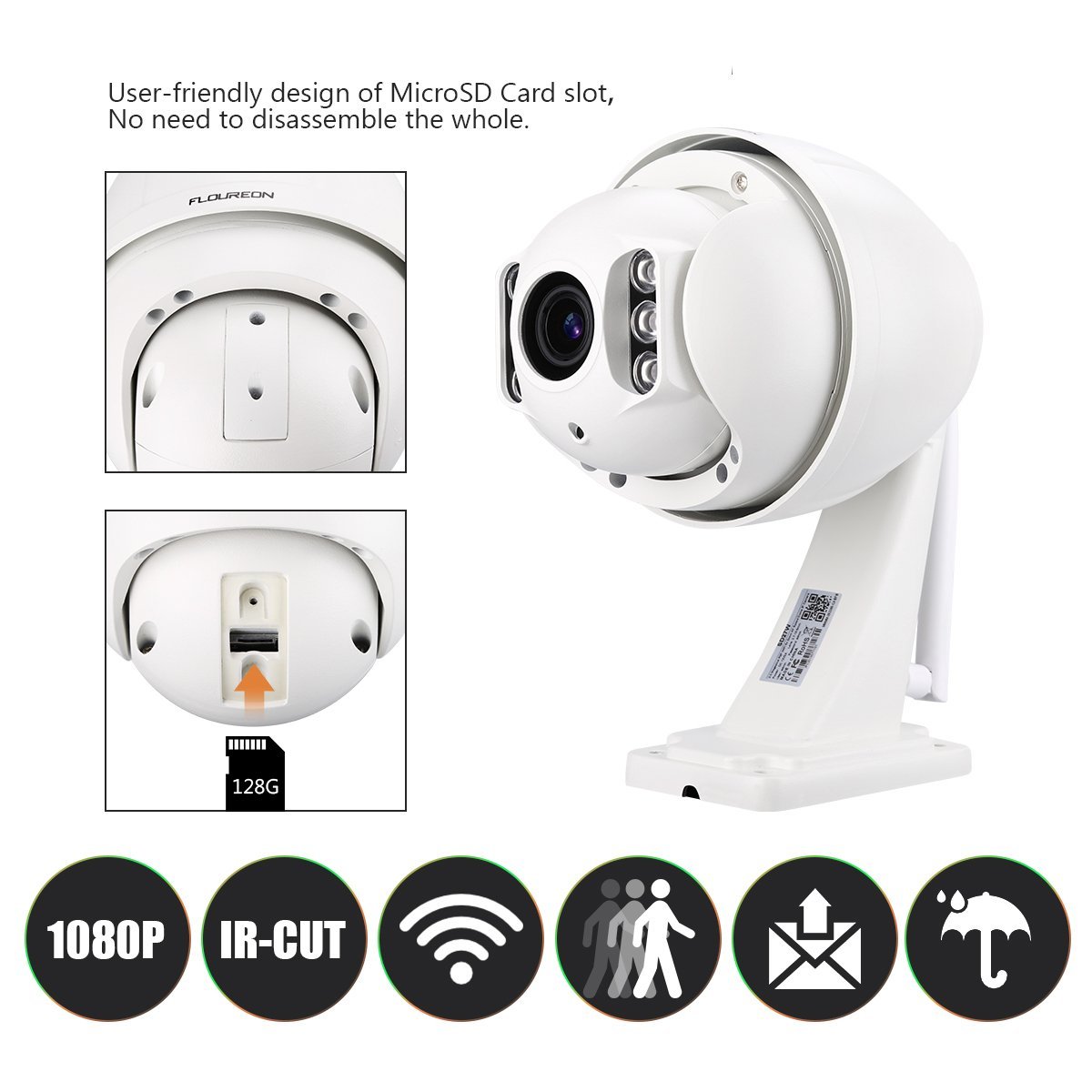 FLOUREON PTZ WiFi IP Camera 1080P HD H.264 Wireless Waterproof CCTV Security Dome Camera 5X Zoom Auto-Focus, 355°Pan/90°Tilt, IR-Cut Night Vision, Motion Detection, Micro SD Card Slot (SD37W)