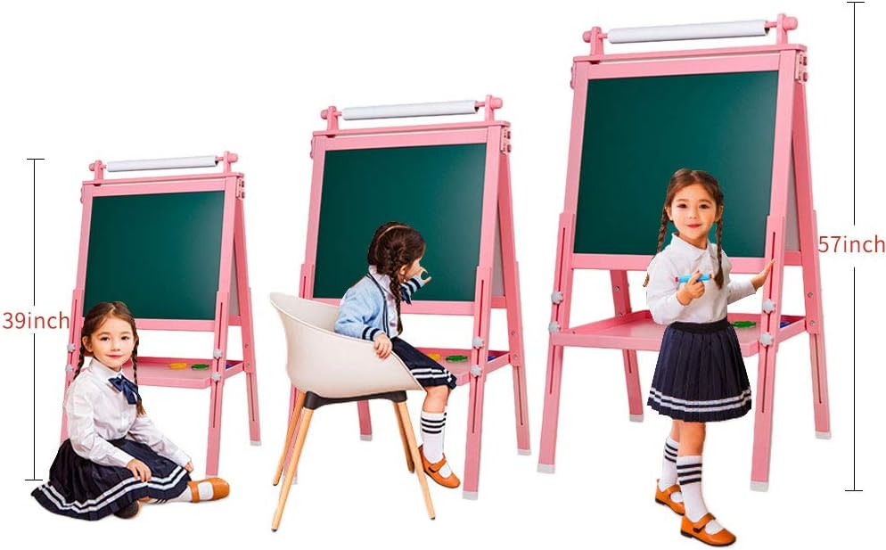 BeebeeRun 3 in 1 Wooden Kids Easel Double-Sided Drawing Board Whiteboard & Chalkboard Dry Easel with Drawing axis & Paper Roll, Numbers, Paint Cups for Writing Kids Boys Girls (Pink): Home & Kitchen