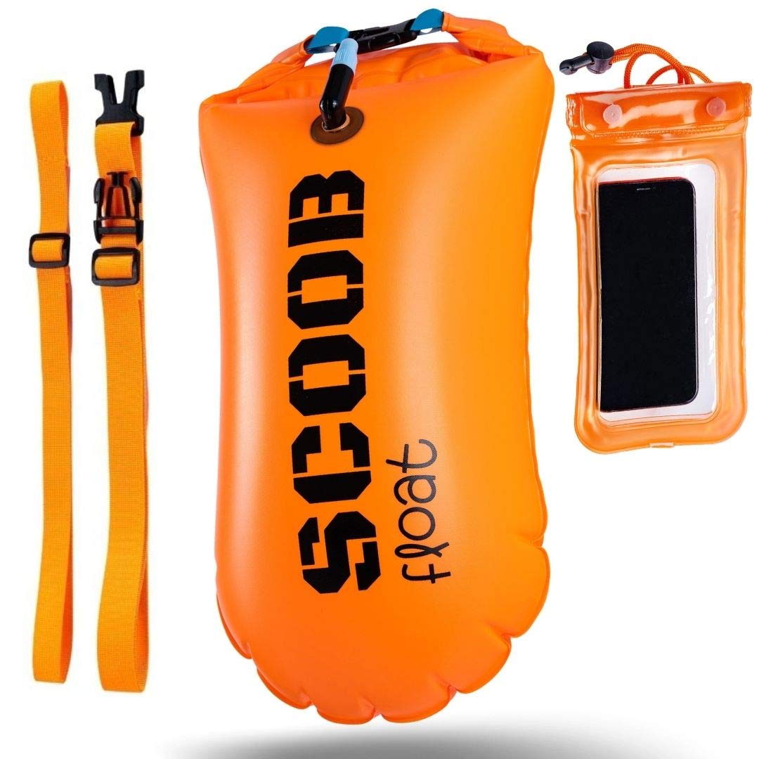 Swim Storage Buoy Tow Float Outdoor for Open Water Swimming by SCOOB + waterproof mobile phone case. Lightweight and Visible Bag for Swimmers Triathlon Surfers Adults Children Bright for Safe Training