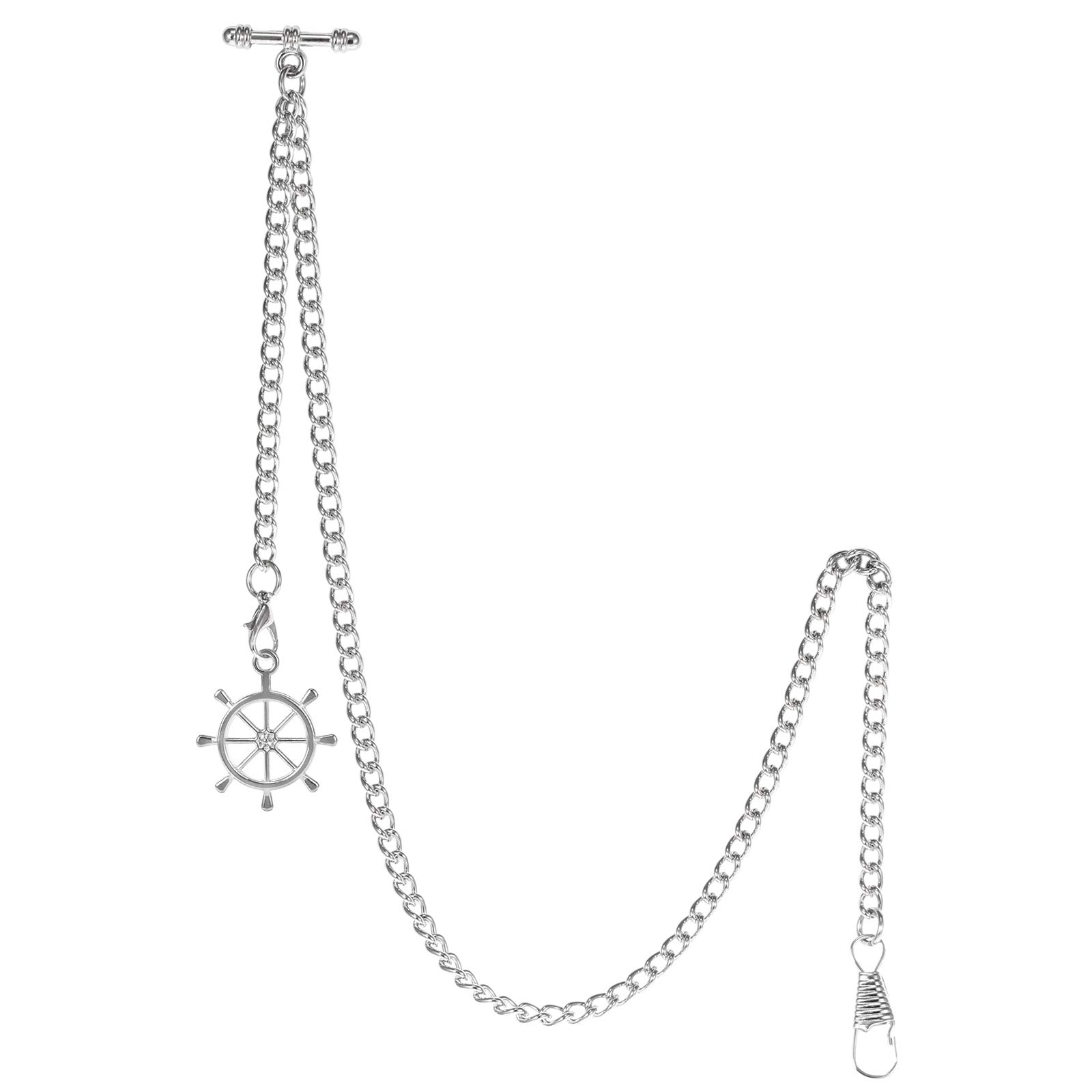 TREEWETO Men's Albert Chain Pocket Watch Curb Link Key Chain 2 Hooks with Antique Silver Rudder Pendant Design Charm Fob T Bar