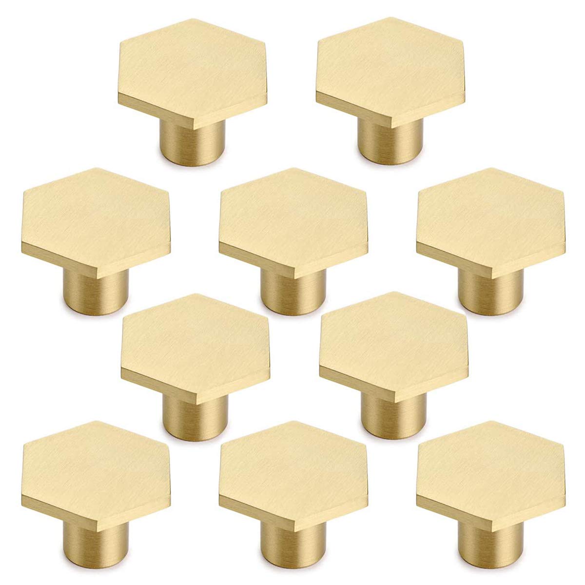 Wuudi 10Pcs Solid Brass Hexagon Knobs with Screw for Cupboard, Desk, Drawer, Dresser Drawer, Gold (30 x 21mm)