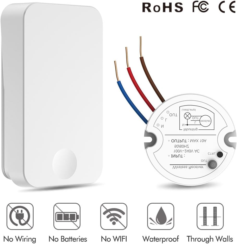 WS4/R16 Wireless Light Switch, Wall Switch Lighting Control, Remote Operation,No Battery Self-Powered, Quick Create or Relocate On/Off Switches for Lamps Fans Appliances (Switch & Receiver)