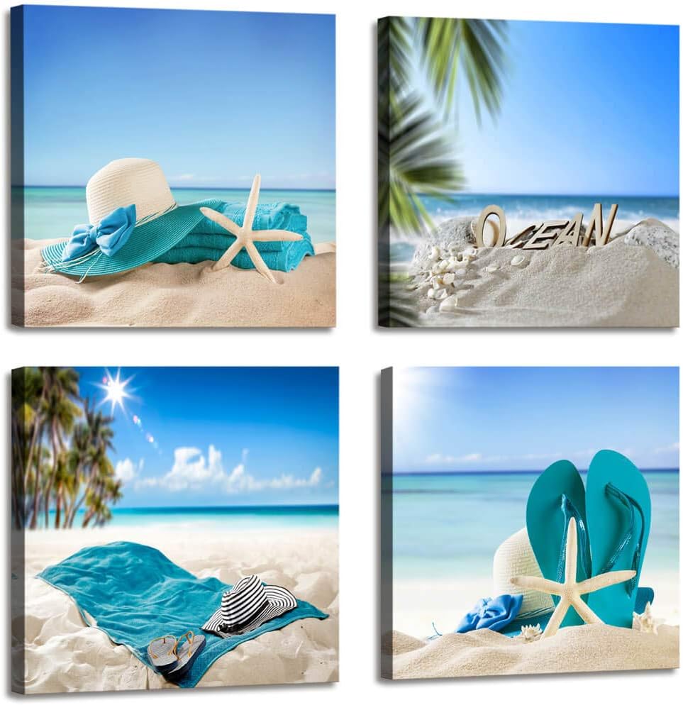 Beach Theme Decor Bedroom Wall Decor Summer Beach Palms Sandy Beach with Shells Ocean Decor - 4 Panels Framed Artwork Blue Sea Canvas Prints for Living Room Bathroom Home Decor 12x12 inches 4pcs/set