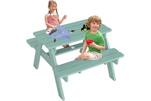 FOOWIN Kids Picnic Table, HDPE All Weather Toddler Picnic Table, Kids Outdoor Table and Chair Set w/Umbrella Hole for Patio, Backyard, Garden, Lawn, Aruban Blue
