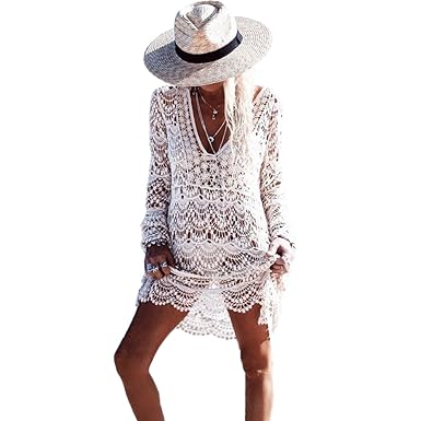 Femme Robe De Plage Blanc Detelle Crochet Col V Manche Longue Mini Robe Taille Unique Blanc