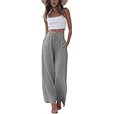Faleave Women's Cotton Linen Summer Palazzo Pants Flowy Wide Leg Beach Trousers with Pockets