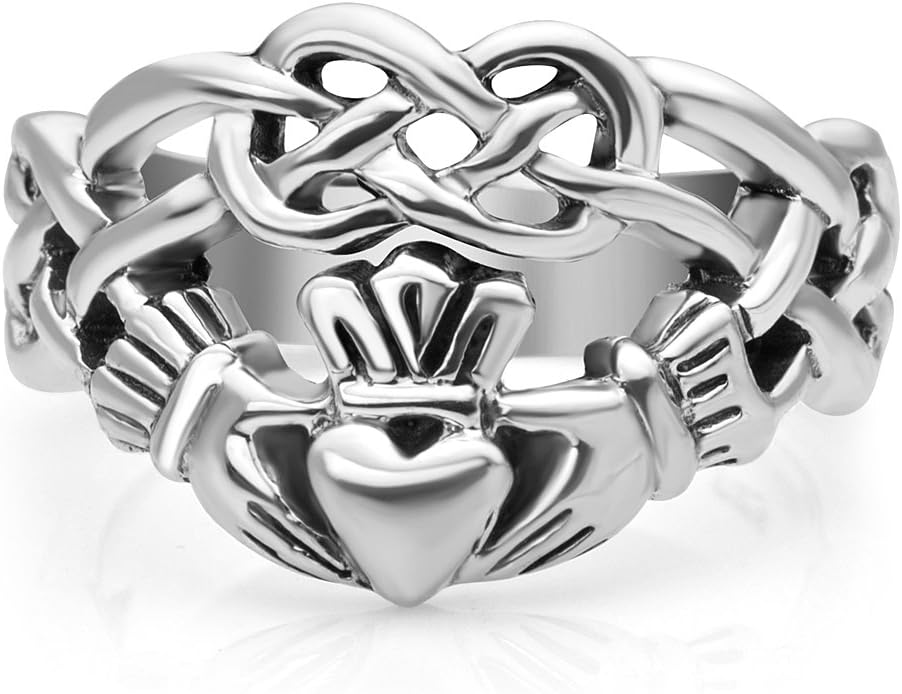 Sterling Silver Celtic Knot Infinity Symbol Irish Claddagh Friendship and Love 4 CM Wide Band Ring