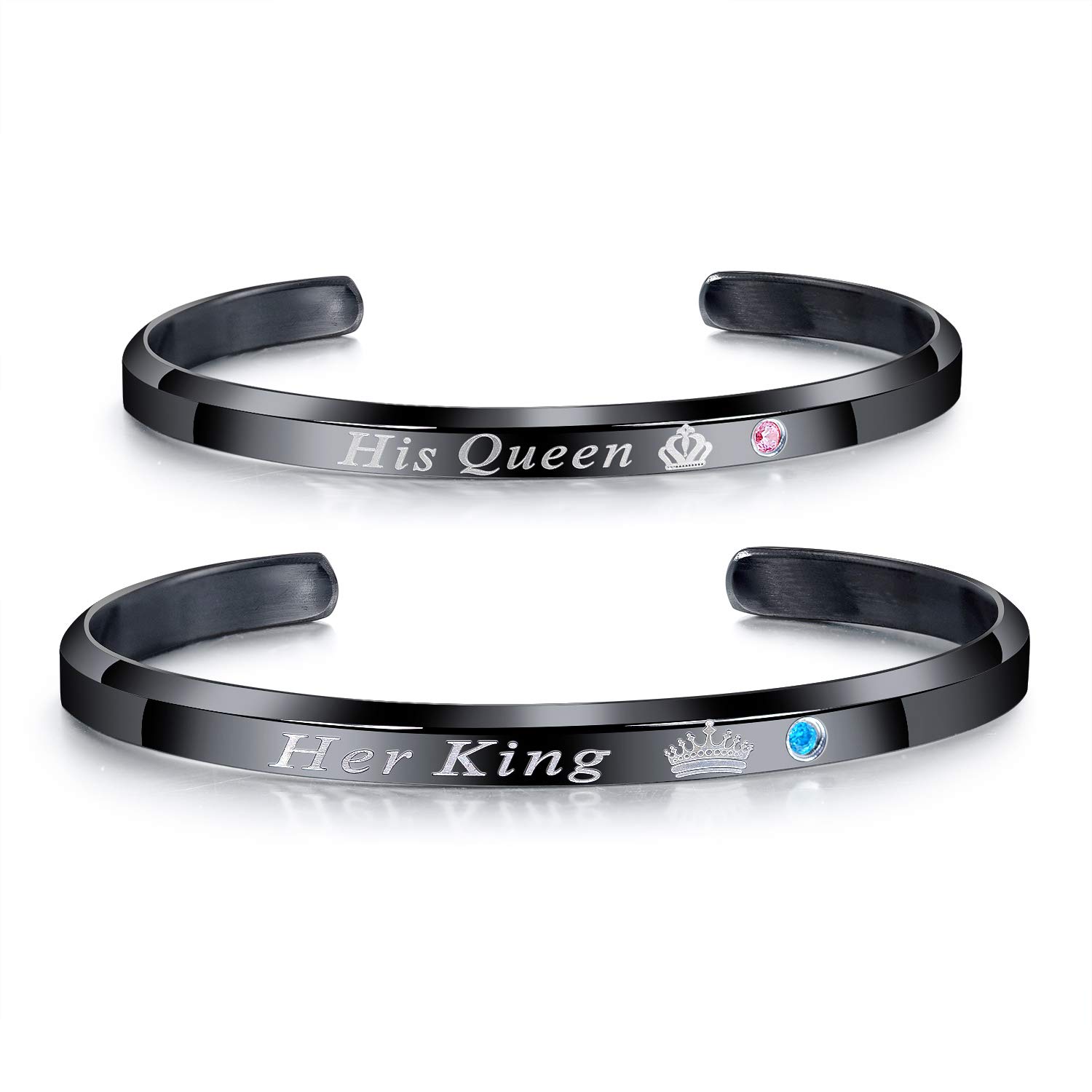 Cupimatch 2pcs CZ His Queen Her King Couple Bracelets Set,Titanium Stainless Steel His and Hers Love Crown Matching Cuff Bangle Jewelry