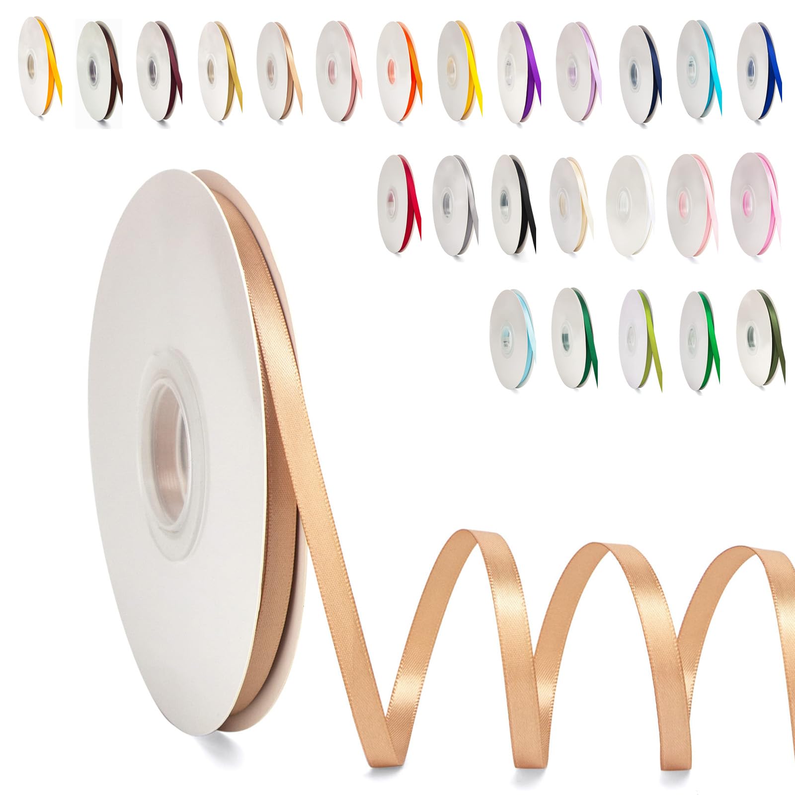 POPOYU Champagne Gold Satin Ribbon 6mm for Gift Wrapping, Crafting, Party Cake Decoration - 91M Polyester Ribbon for Balloons, Hair Bows, Christmas, Wedding Car Decor, Card Making, Scrapbooks — image 1