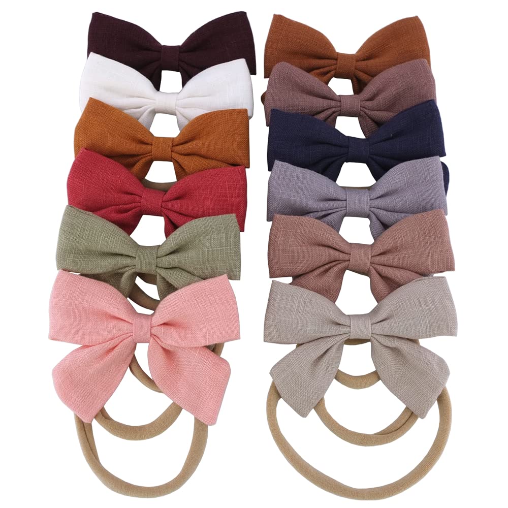 12 Pcs Cute Linen Bow Nylon Headband for Newborn Infant Toddler Hair Bow Elastic Bands Baby Girls Little Kids Headbands (Linen Sailor bow 3.2'')