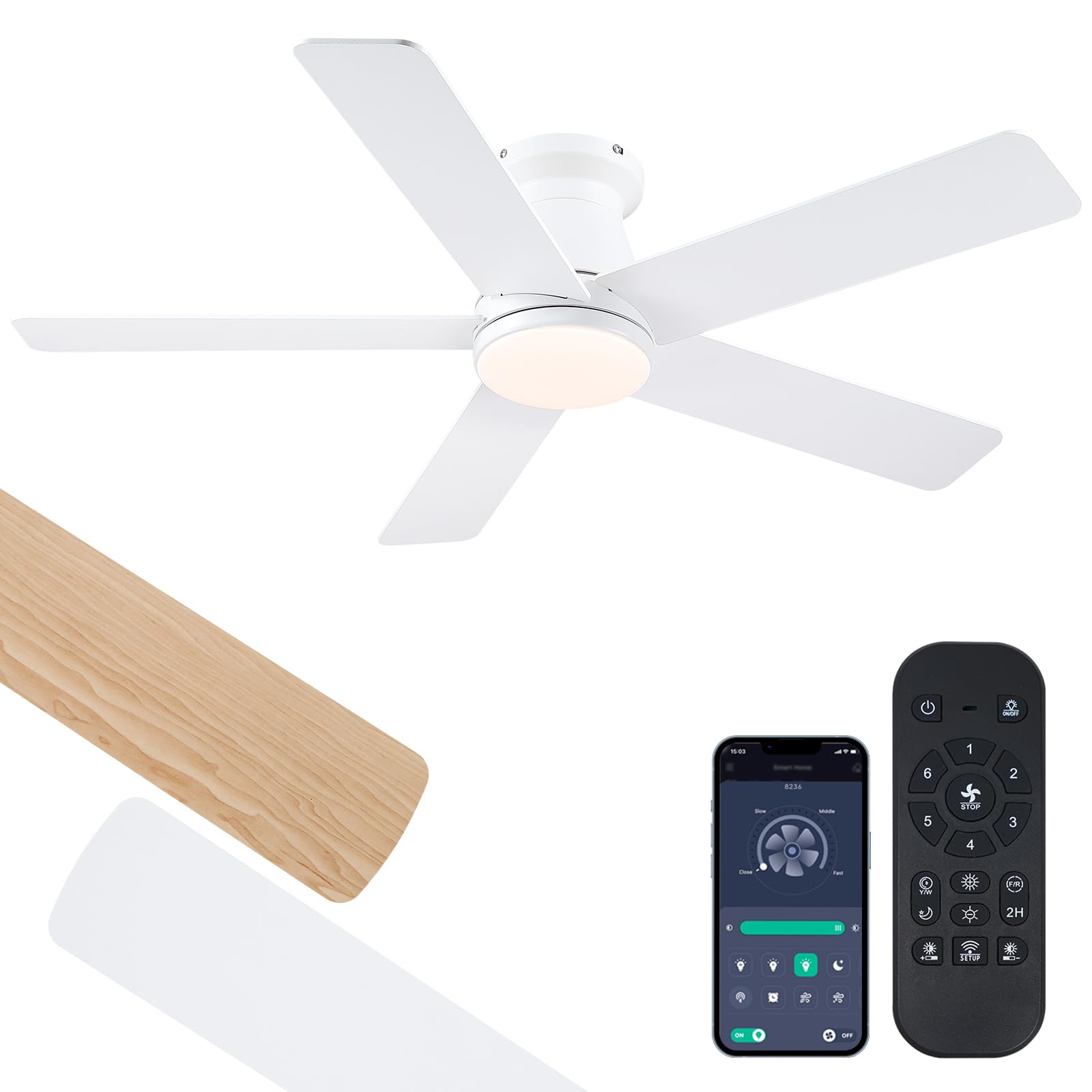 Photo 1 of CHESUR Flush Mount Ceiling Fans with Lights - 46in White Fan Light with 5 Dual-Sided Blades, Reversible Mute Motor, Indoor and Outdoor Ceiling Fan for Modern Bedroom